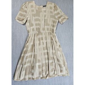 Noriko Maeda 100% Silk Beige Short Dress Size 42 Elastic Waist Buttons